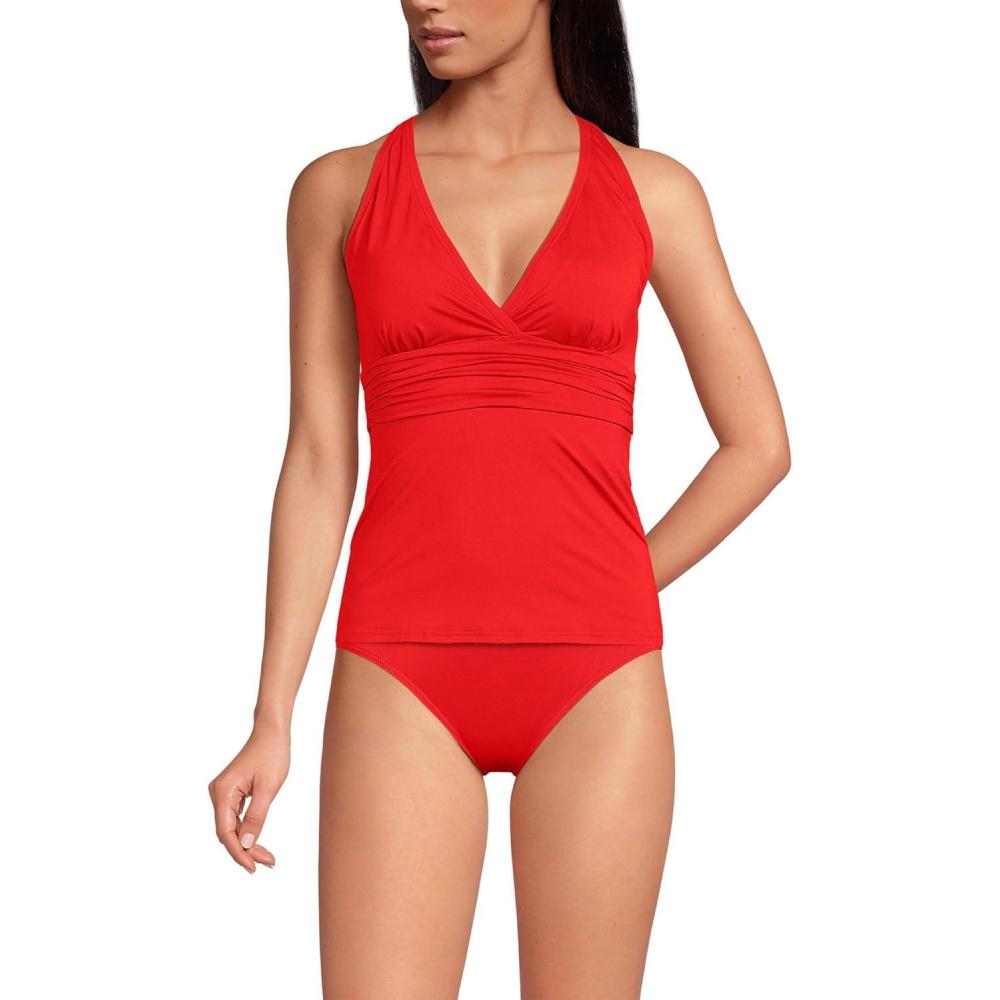 imageLands End Womens Chlorine Resistant Plunge XBack Tankini Swimsuit TopDaylily Red