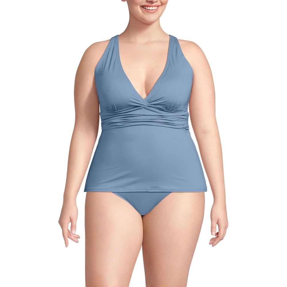 imageLands End Womens Chlorine Resistant Plunge XBack Tankini Swimsuit TopDusk Sky