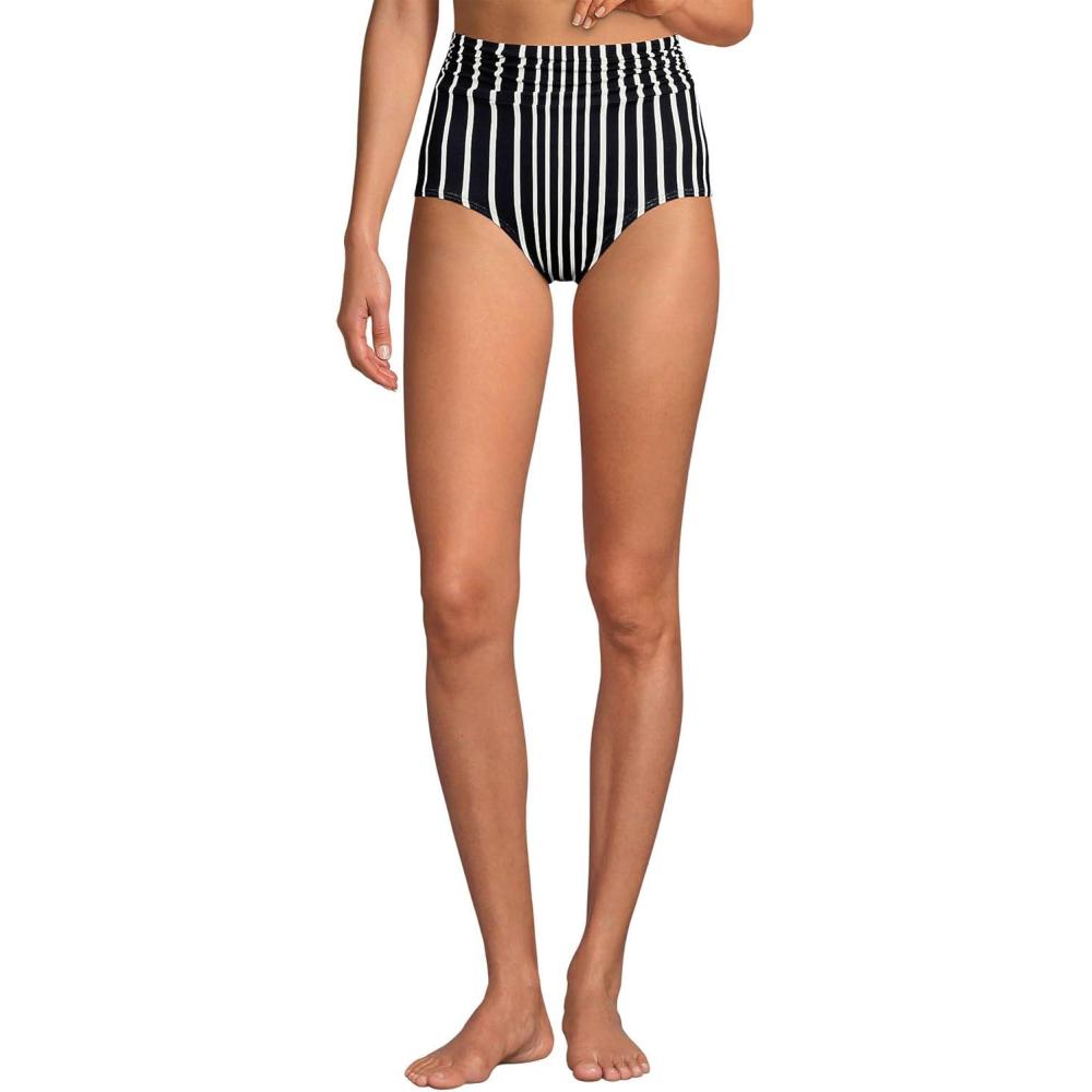 imageLands End Womens Chlorine Resistant Ruched Natural High Waisted Full Coverage Bikini Swim BottomsBlackEgret Variegated Stripe