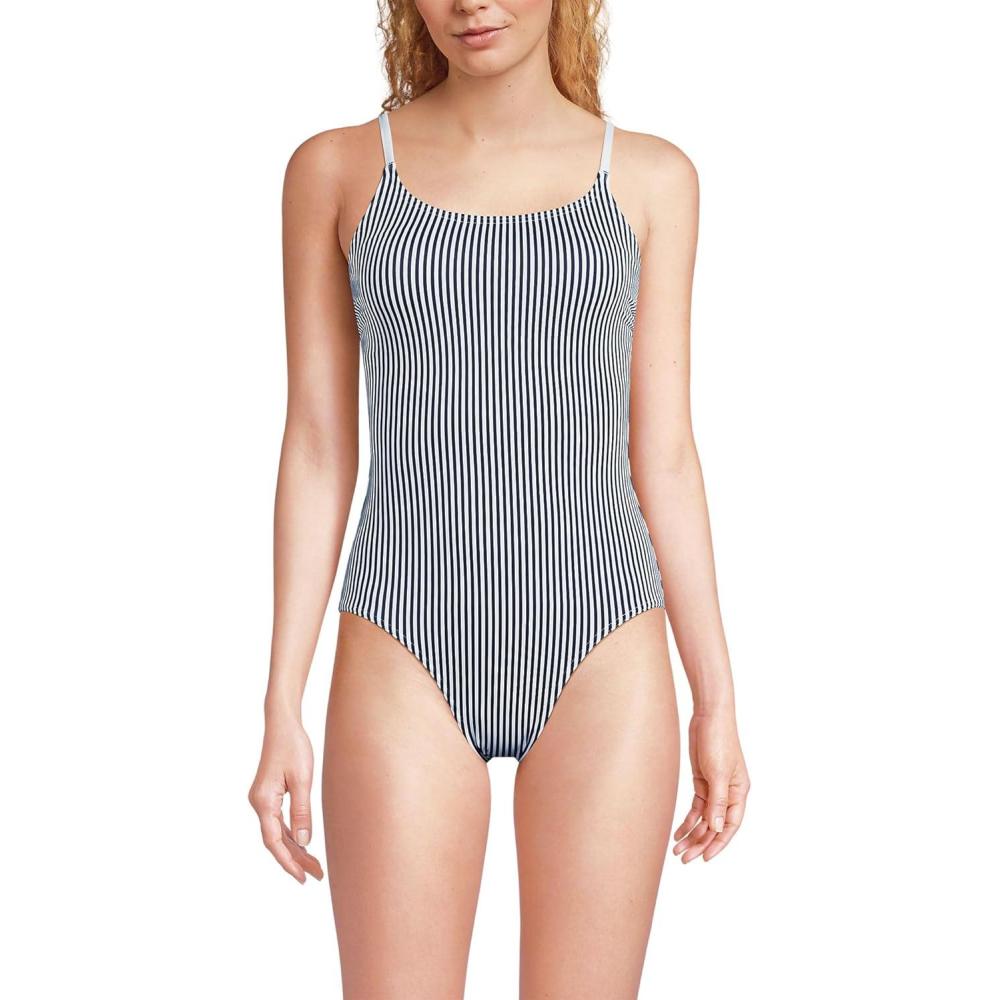 imageLands End Womens Chlorine Resistant Scoop Neck High Leg Tugless Tank Thin Strap One Piece Swimsuit AdjustableDeep Sea Navy Mini Stripe