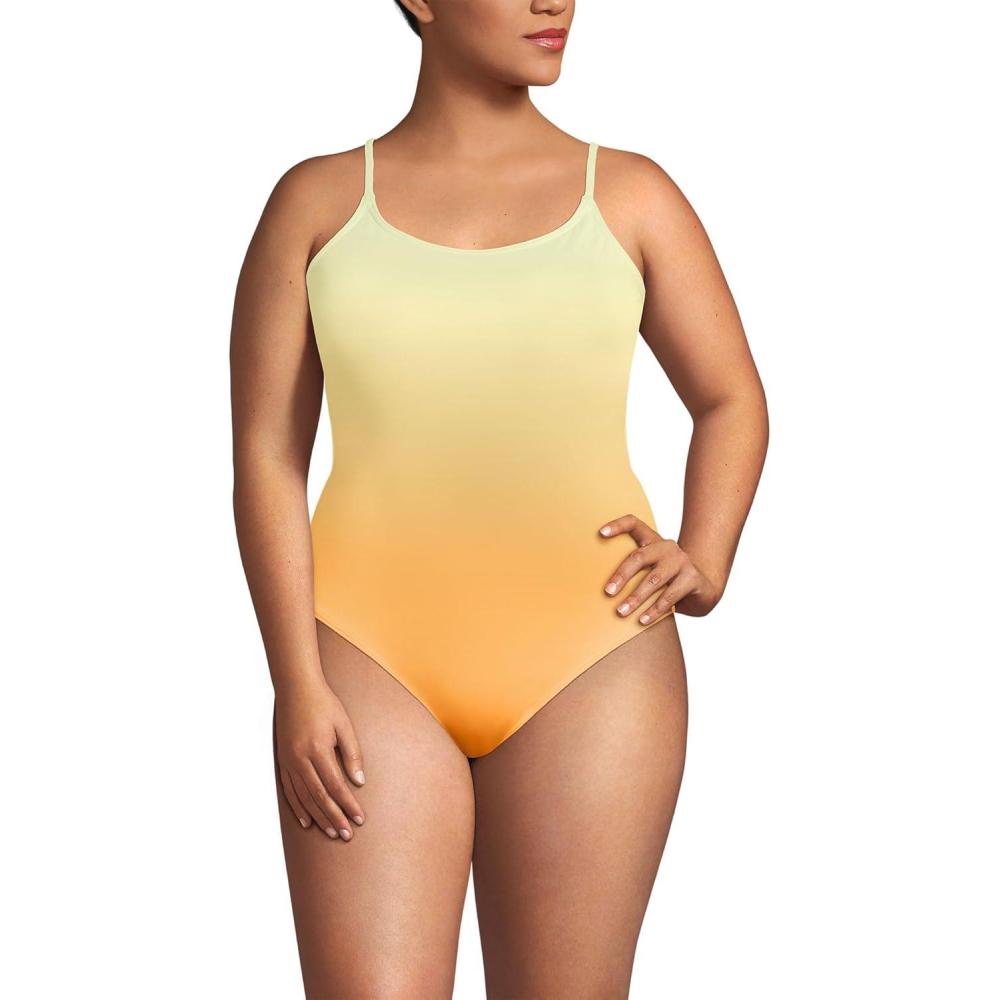 imageLands End Womens Chlorine Resistant Scoop Neck High Leg Tugless Tank Thin Strap One Piece Swimsuit AdjustableIcy MintOrange Ombre
