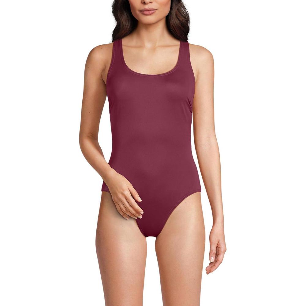 imageLands End Womens Chlorine Resistant Scoop Neck XBack High Leg Soft Cup Tugless Sporty One Piece SwimsuitBurgundy Spritz