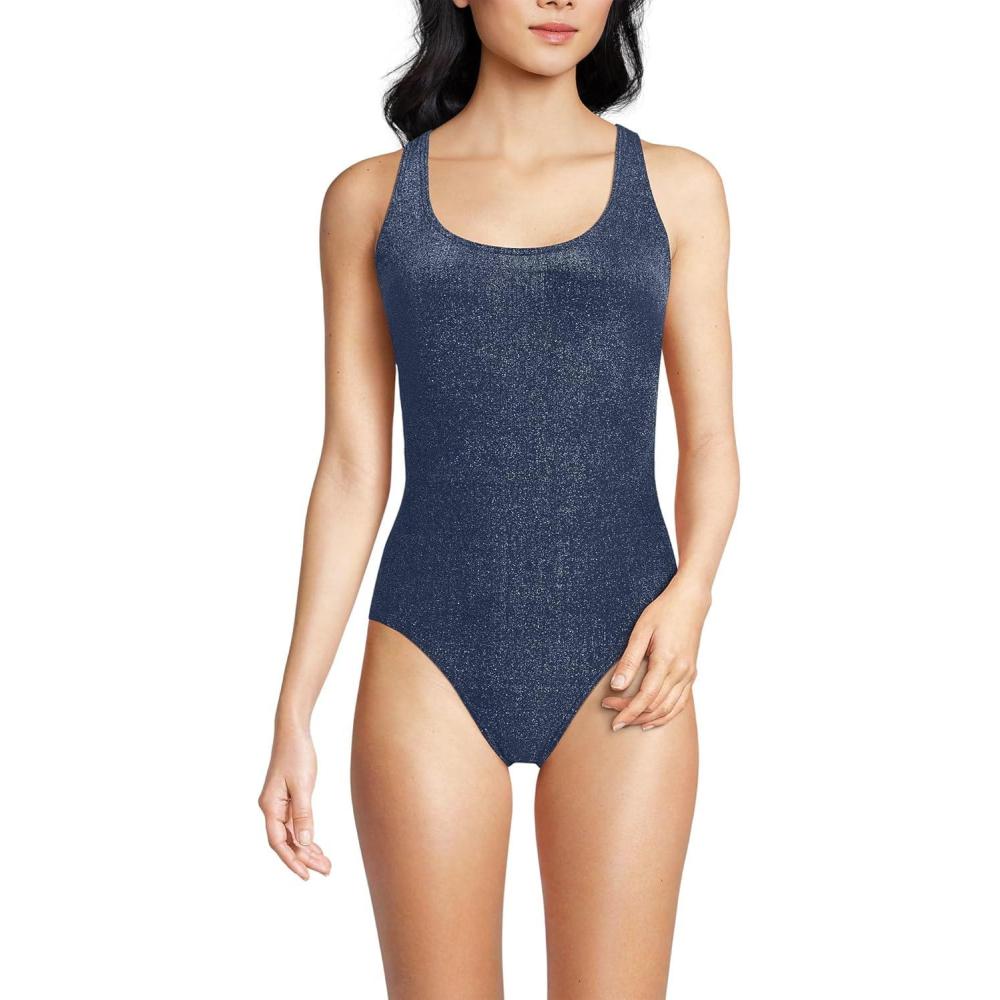 imageLands End Womens Chlorine Resistant Scoop Neck XBack High Leg Soft Cup Tugless Sporty One Piece SwimsuitDeep Sea Navy Shine