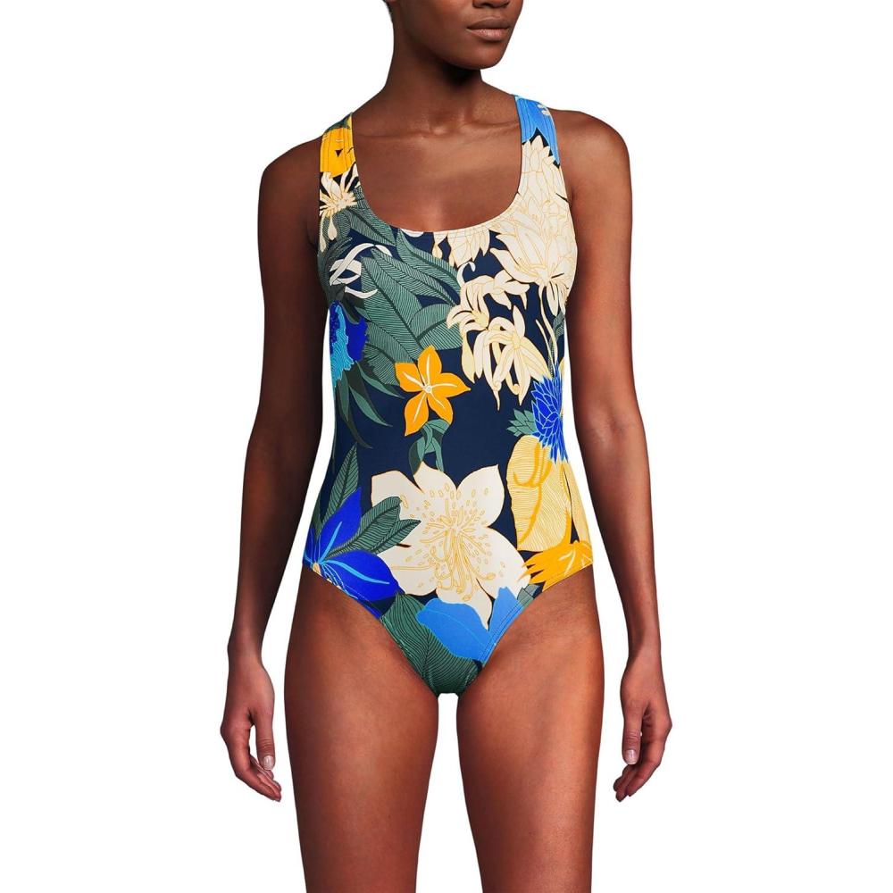 imageLands End Womens Chlorine Resistant Scoop Neck XBack High Leg Soft Cup Tugless Sporty One Piece SwimsuitNavy Multi Floral Blooms
