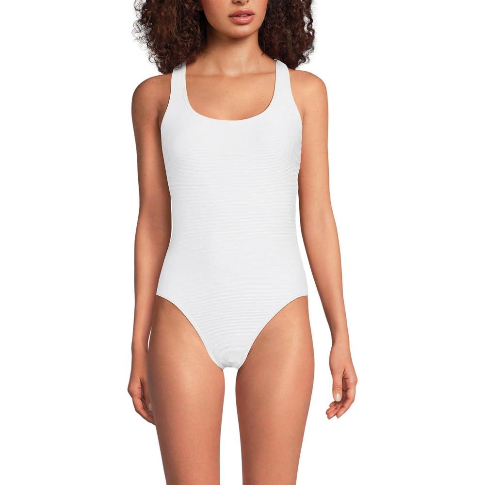 imageLands End Womens Chlorine Resistant Scoop Neck XBack High Leg Soft Cup Tugless Sporty One Piece SwimsuitWhite Ottoman
