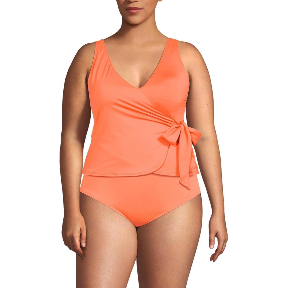 imageLands End Womens Chlorine Resistant Side Tie VNeck Tankini Swimsuit TopPapaya Orange