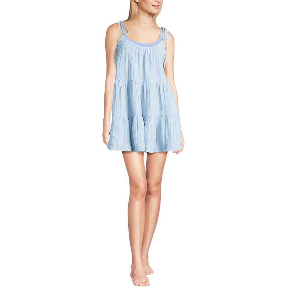 imageLands End Womens Cotton Gauze Metallic Tiered Mini Coverup DressSoft Sky BlueGold Metallic
