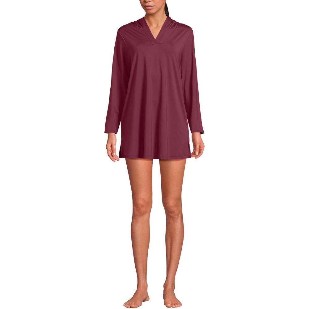 imageLands End Womens Cotton Jersey Long Sleeve Hooded Swim Coverup DressBurgundy Spritz