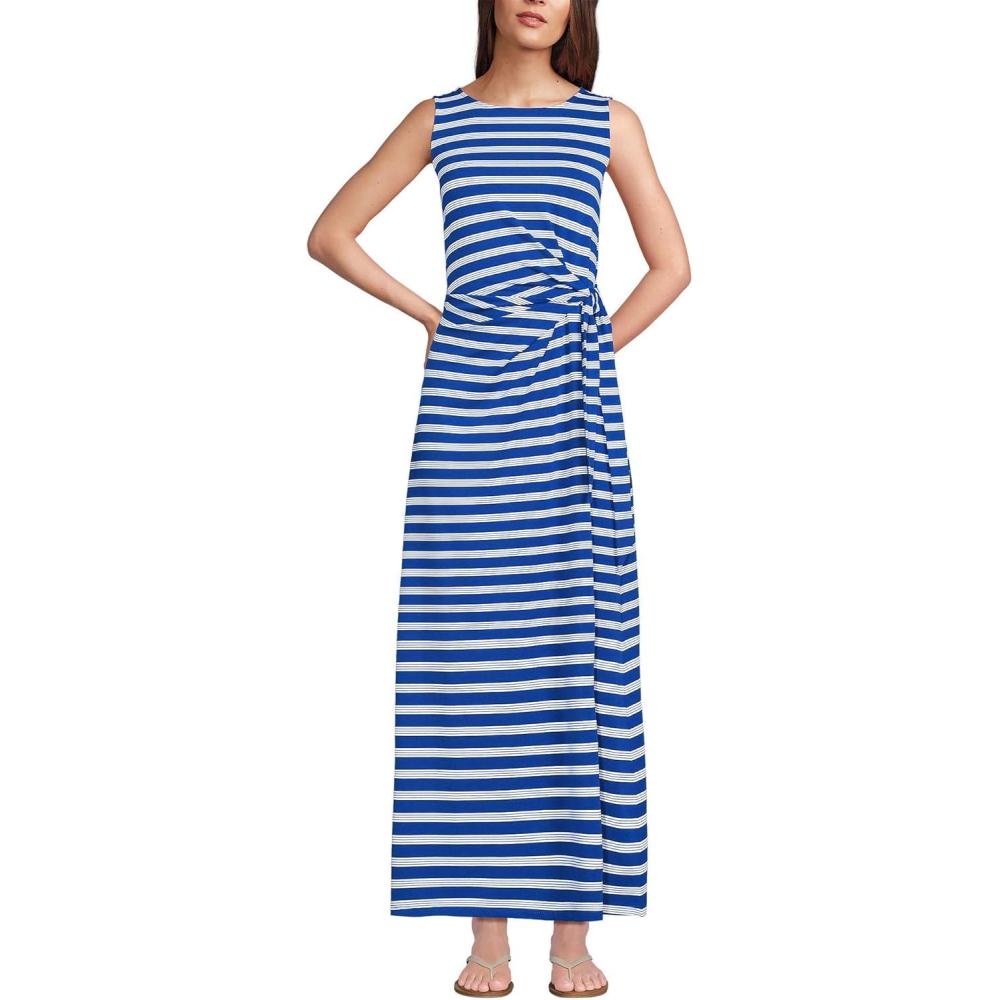 imageLands End Womens Cotton Modal Sleeveless Tie Waist Maxi DressSapphire Gem Blue Quad Stripe