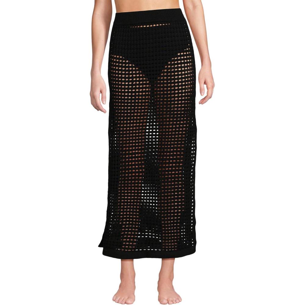 imageLands End Womens Cotton Open Knit Maxi Swim Coverup SkirtBlack