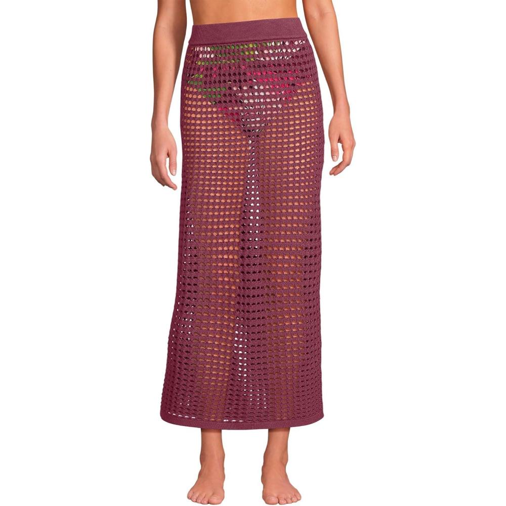 imageLands End Womens Cotton Open Knit Maxi Swim Coverup SkirtBurgundy Spritz