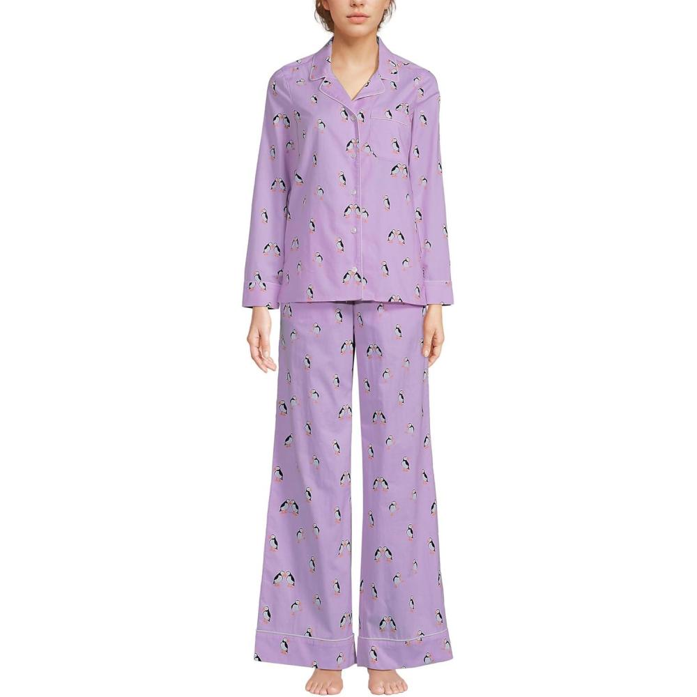 imageLands End Womens Cotton Poplin 2 Piece Pajama Set  Long Sleeve Top and PantsWhisper Lilac Puffins