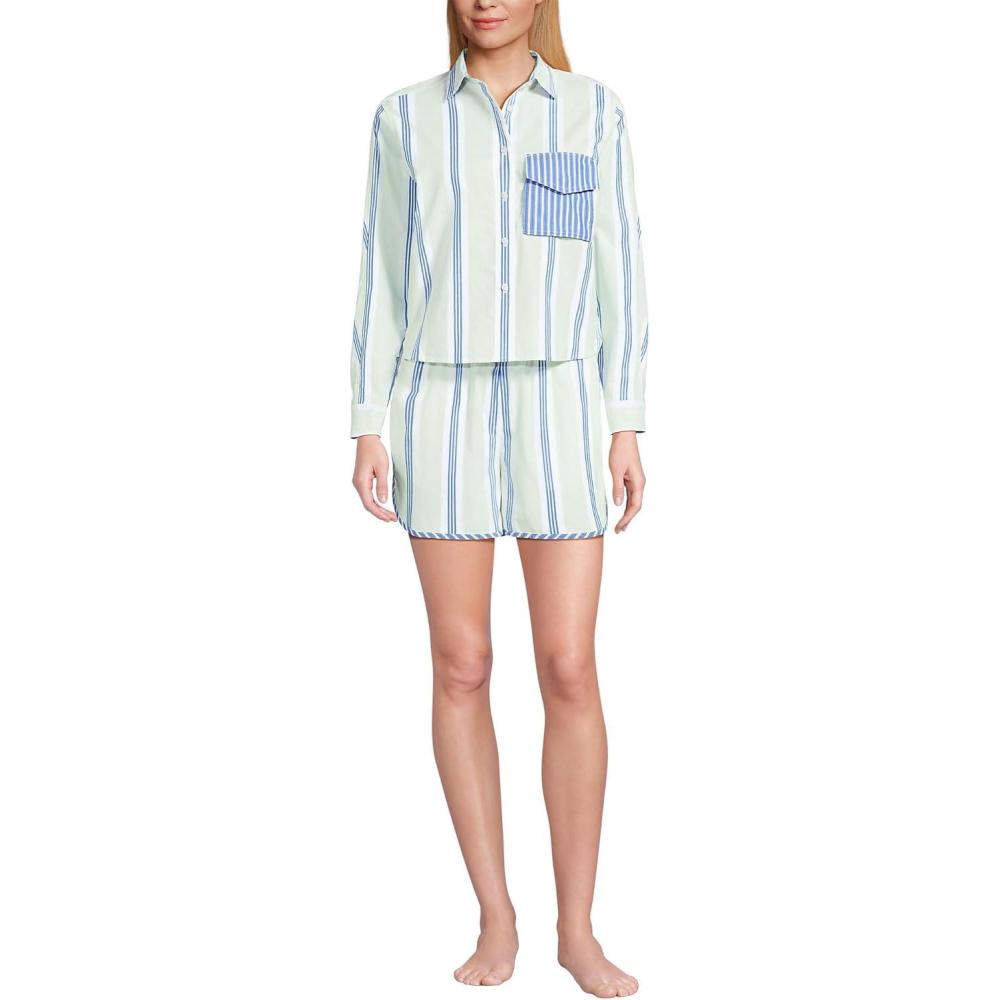 imageLands End Womens Cotton Poplin 2 Piece Pajama Set  Long Sleeve Top and Shorts with PipingIcy MintMuted Cobalt Stripe