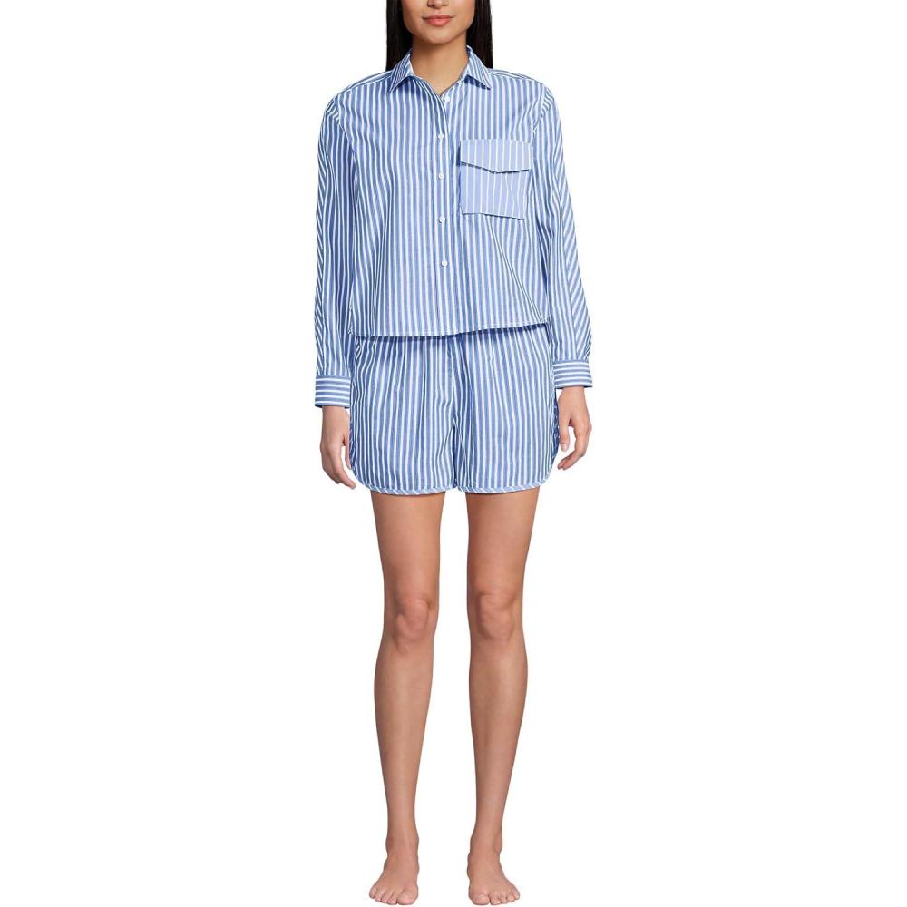 imageLands End Womens Cotton Poplin 2 Piece Pajama Set Long Sleeve Top and Shorts with PipingMuted CobaltPink Stripe