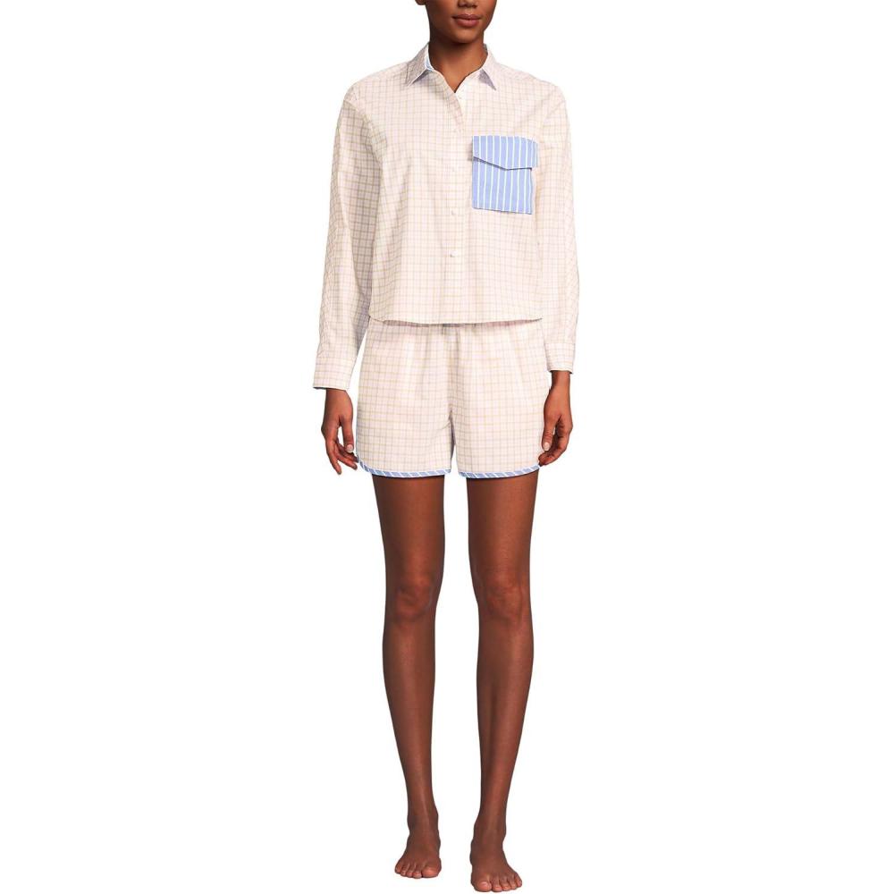 imageLands End Womens Cotton Poplin 2 Piece Pajama Set Long Sleeve Top and Shorts with PipingPinkChampagne Check