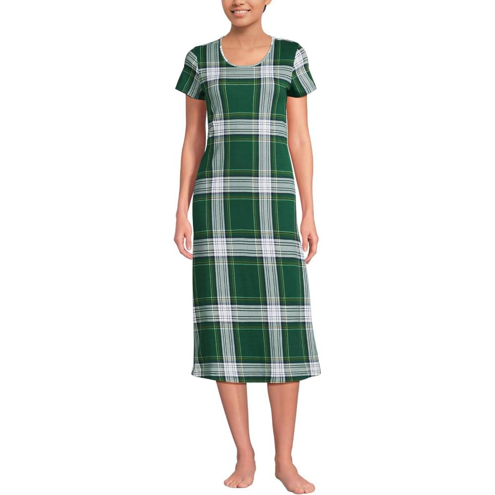 imageLands End Womens Cotton Short Sleeve Midcalf NightgownLight Emerald Plaid