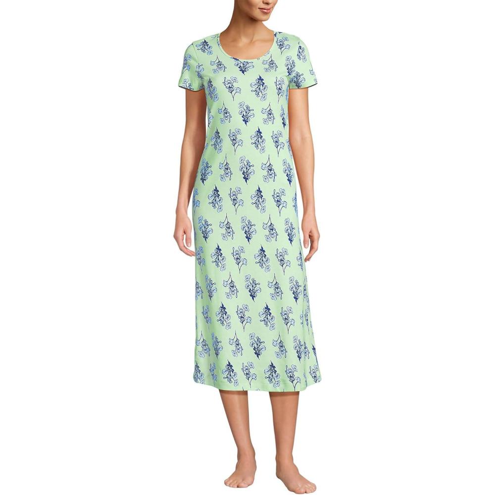 imageLands End Womens Cotton Short Sleeve Midcalf NightgownMintBlue Sky Vintage Floral