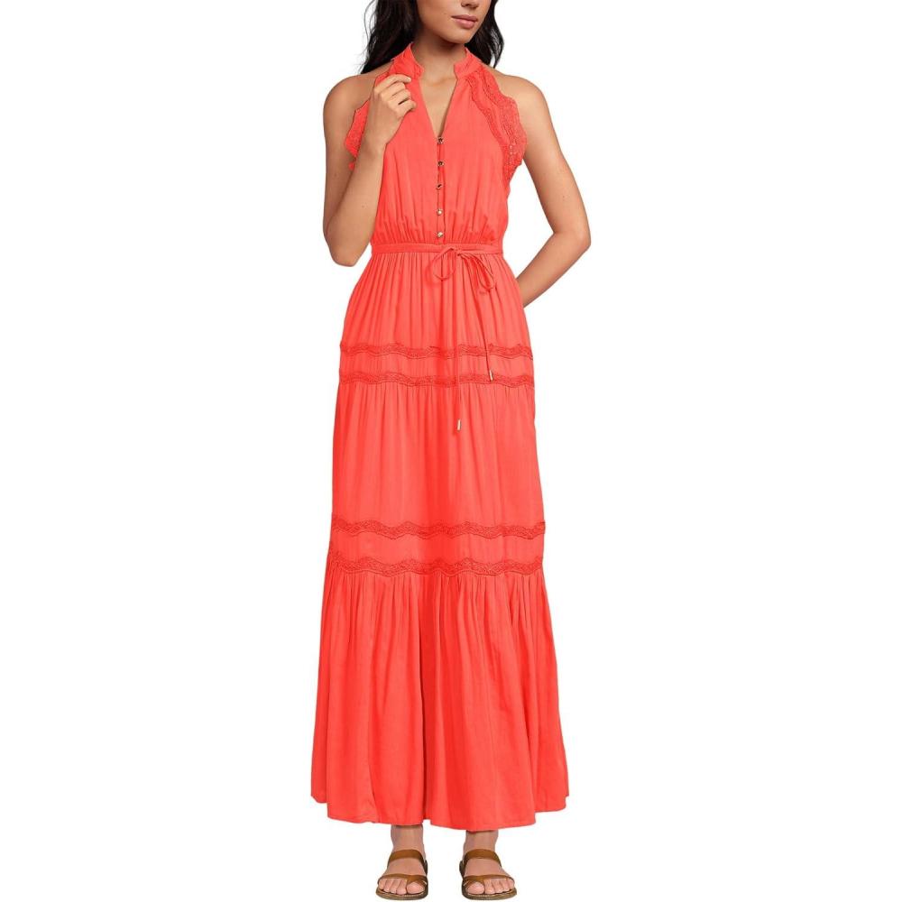 imageLands End Womens Cotton Voile Halter Tiered Maxi DressPop Orange Sherbert
