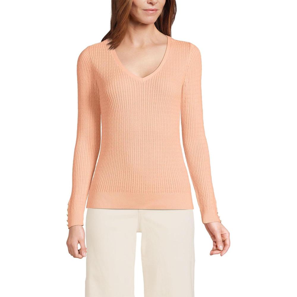 imageLands End Womens Fine Gauge Cotton Baby Cable Vneck SweaterPeach Sorbet
