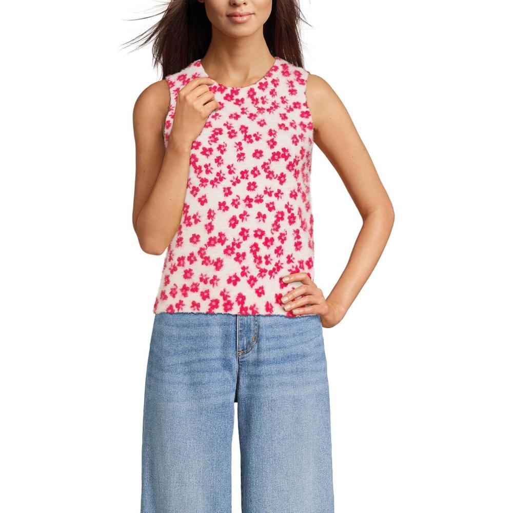 imageLands End Womens Fine Gauge Eyelash Printed Sleeveless SweaterLight RoseBerry Rouge Floral