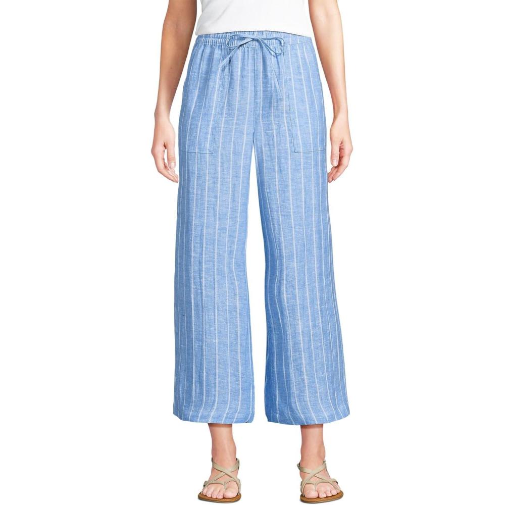 imageLands End Womens High Rise Pull On Drawstring Linen Wide Leg Crop PantsSoft Blue Linen Stripe