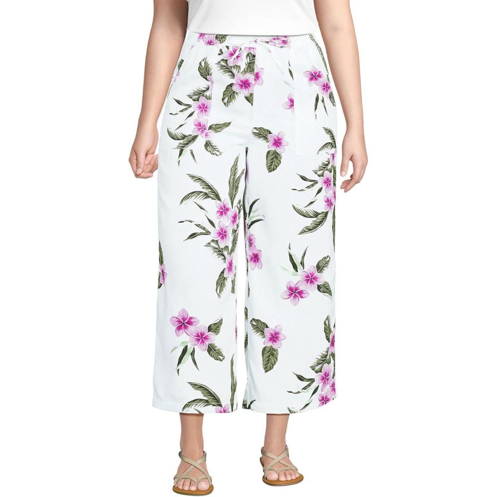 imageLands End Womens High Rise Pull On Drawstring Linen Wide Leg Crop PantsWhiteMagenta Plumeria