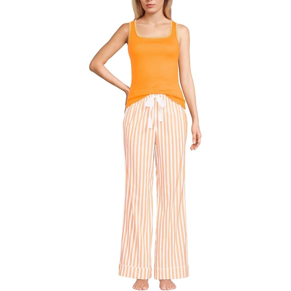 imageLands End Womens Knit Cotton Poplin 2 Piece Pajama Set Tank Top and PantsSweet Mango Stripe