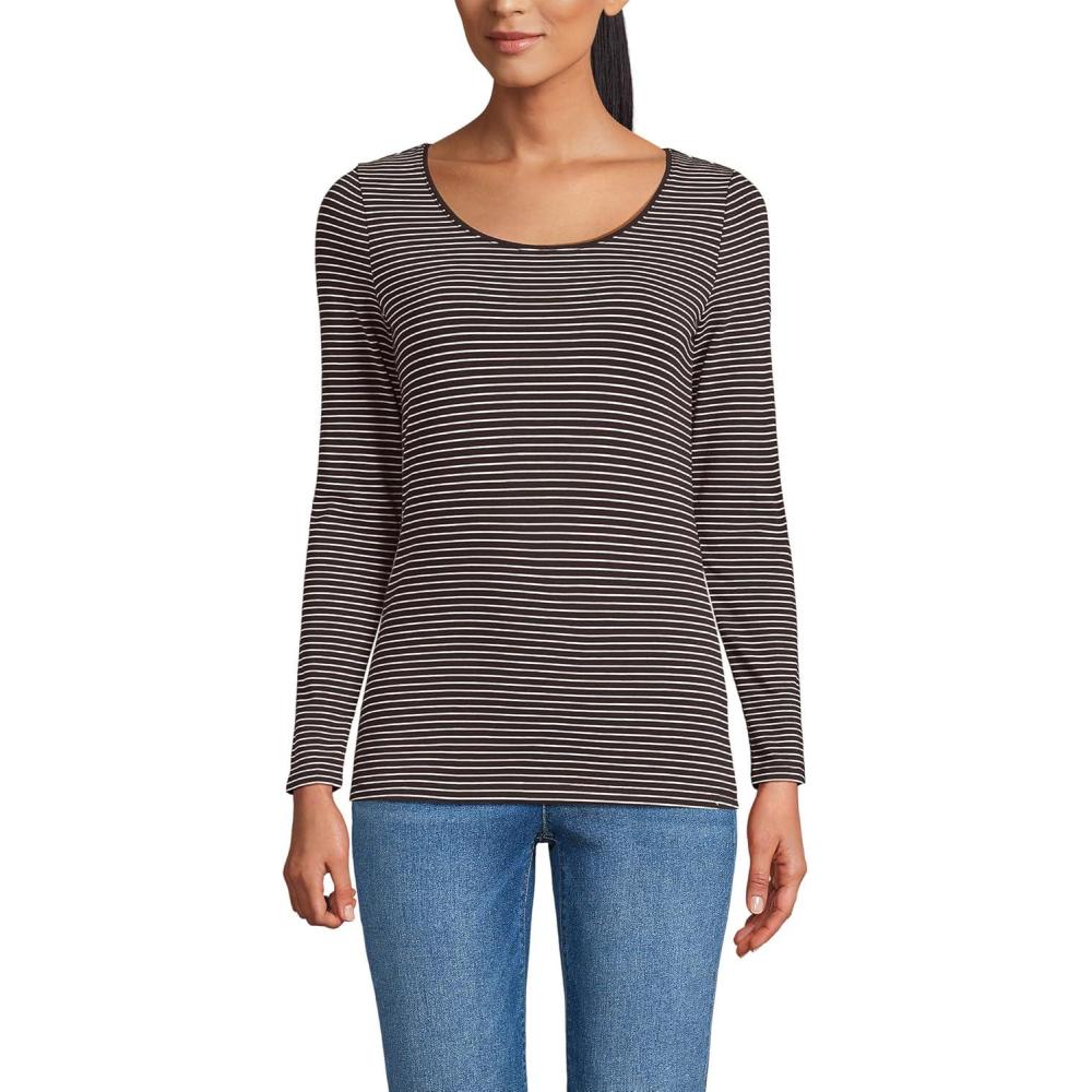 imageLands End Womens Long Sleeve Lightweight Jersey Scoop Neck TShirtRich Coffee Thin Stripe