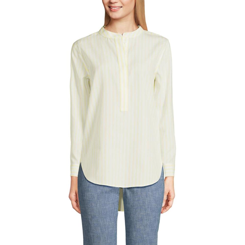 imageLands End Womens No Iron Long Sleeve Banded Collar Popover ShirtFaint Lemon Stripe