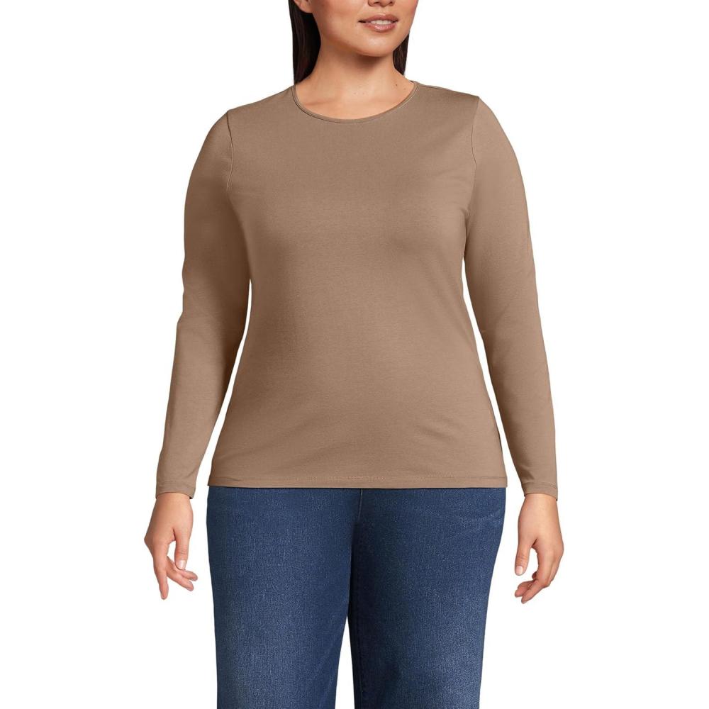imageLands End Womens Plus Size Lightweight Jersey Skimming Long Sleeve Crew Neck TShirtHoney Beige
