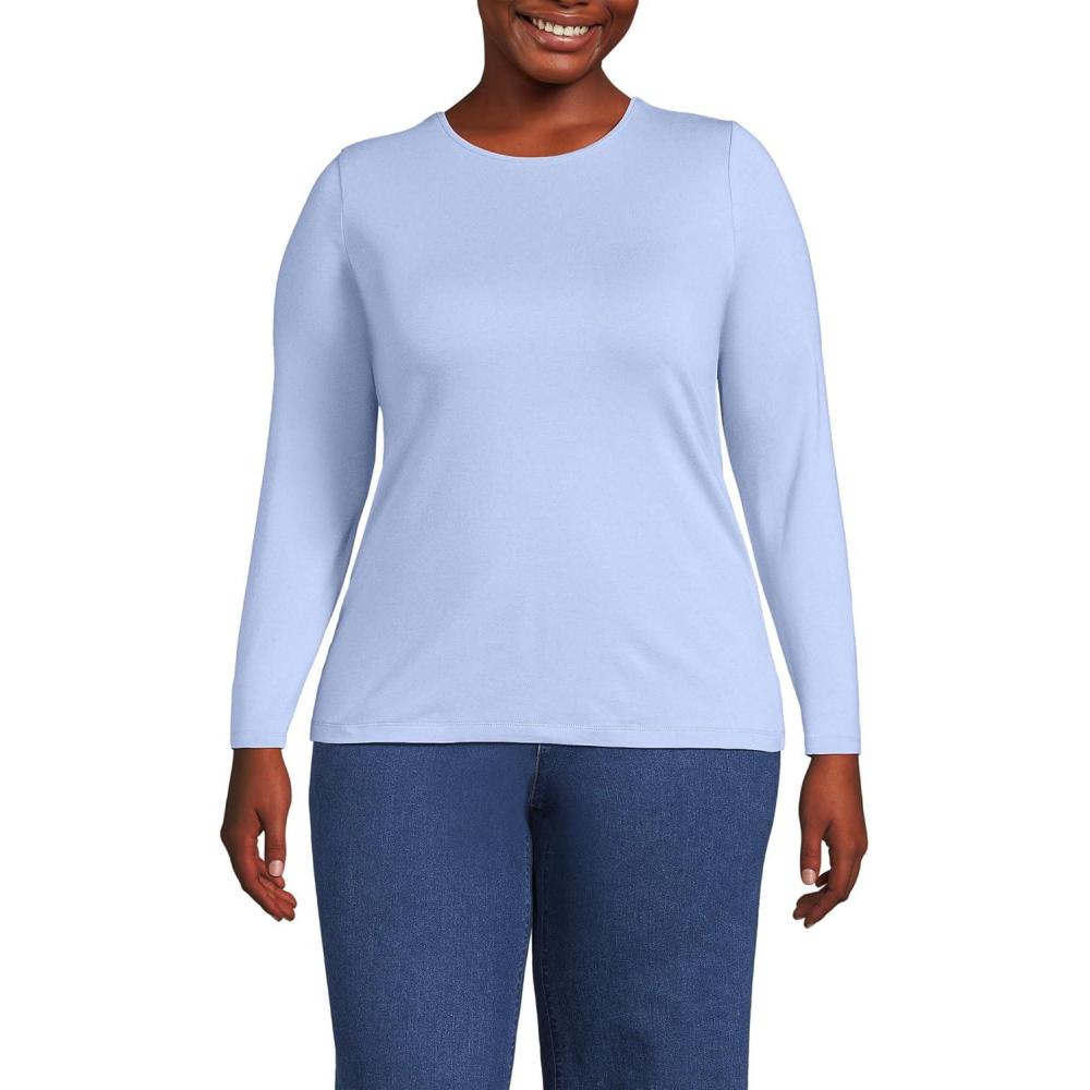 imageLands End Womens Plus Size Lightweight Jersey Skimming Long Sleeve Crew Neck TShirtLight Cornflower
