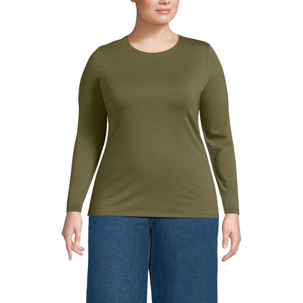 imageLands End Womens Plus Size Lightweight Jersey Skimming Long Sleeve Crew Neck TShirtOlive Drab