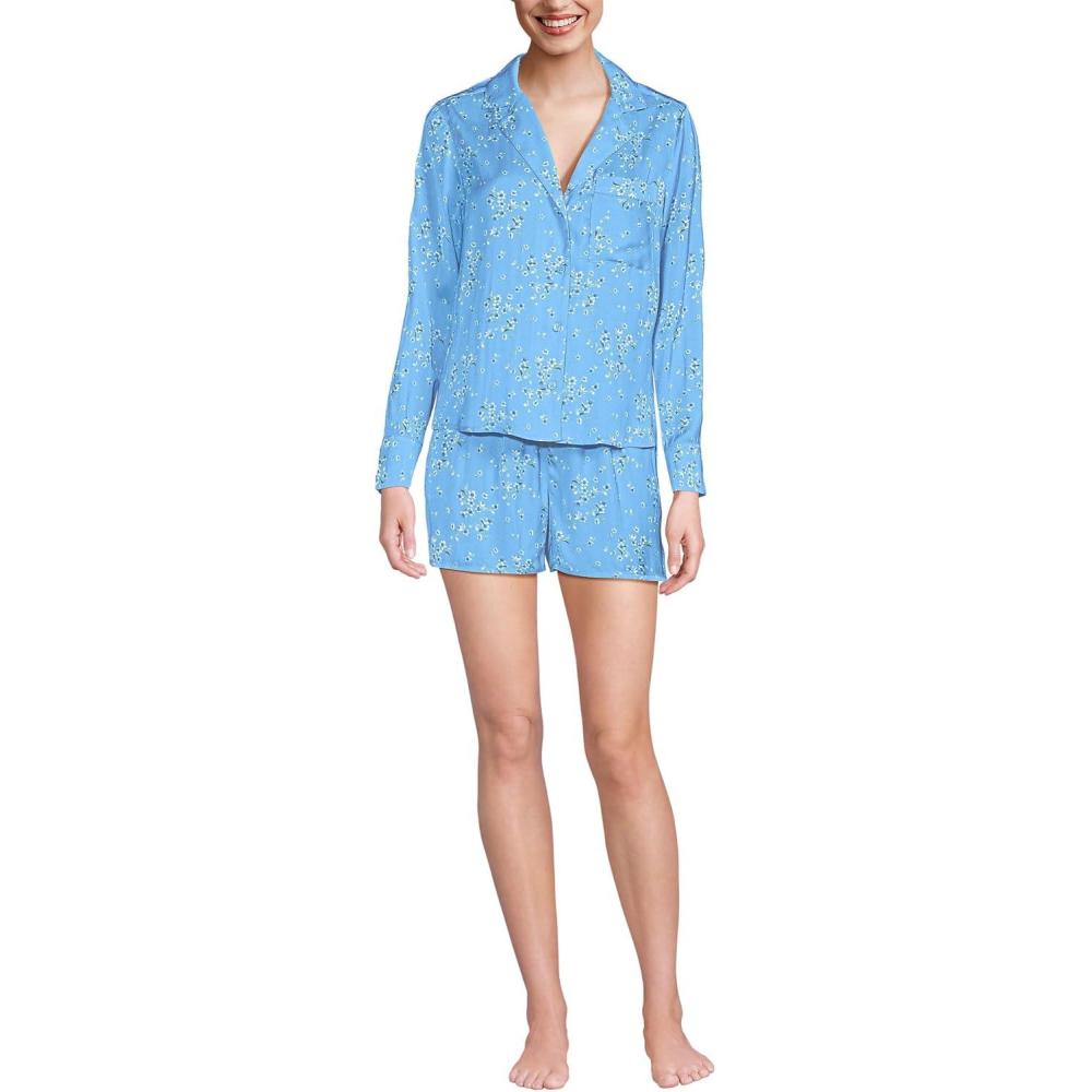 imageLands End Womens Plus Size Matte Satin 2 Piece Pajama Set Long Sleeve Top and ShortsBermuda Blue Snow Drop Floral