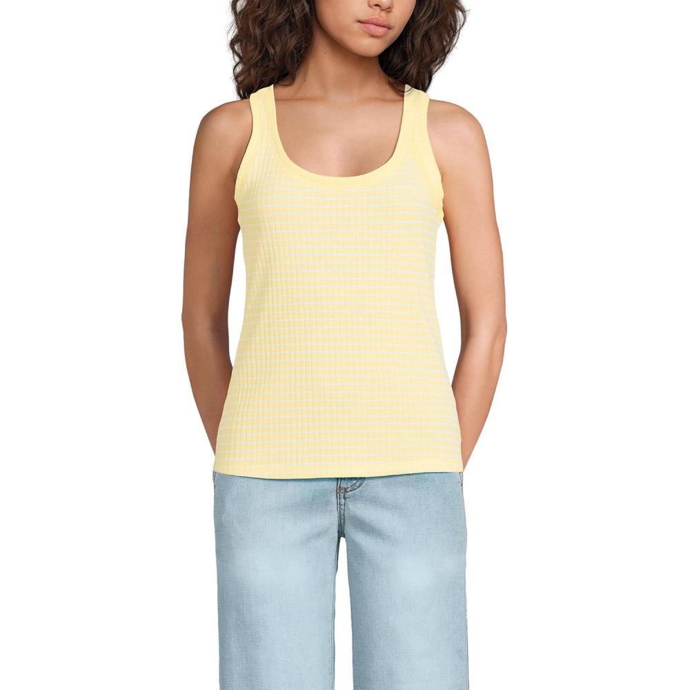 imageLands End Womens Pointelle Rib UNeck TankPale YellowWhite Easy Stripe