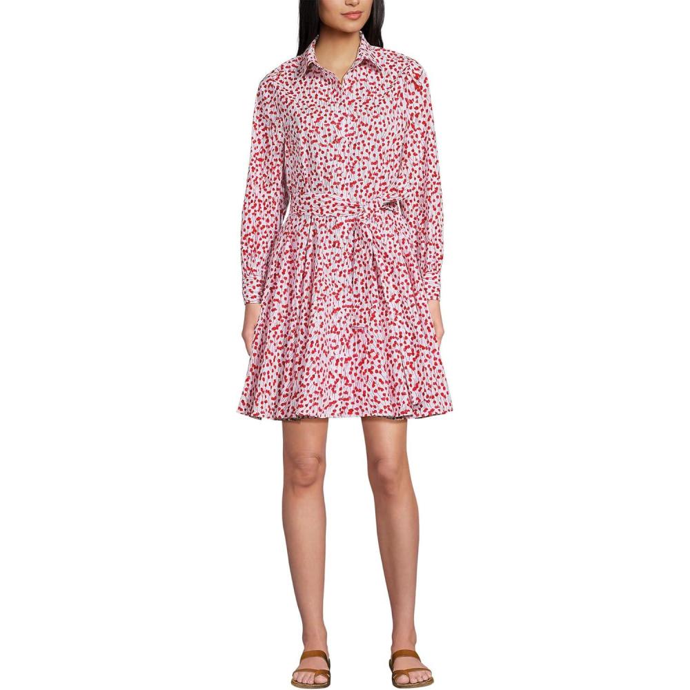 imageLands End Womens Poplin Button Front Dress with GodetsWhiteCoral Red Painted Posies
