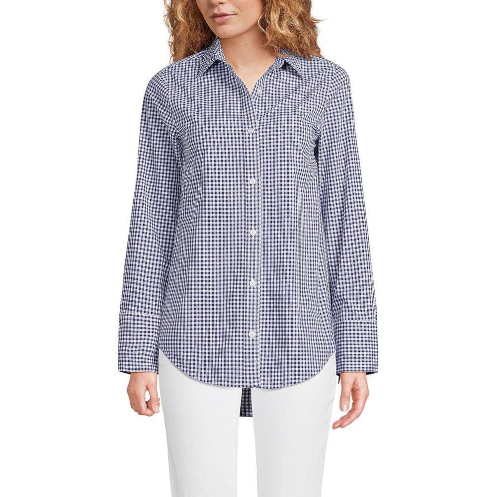 imageLands End Womens Poplin Tie Sleeve ShirtDeep Sea Navy Gingham