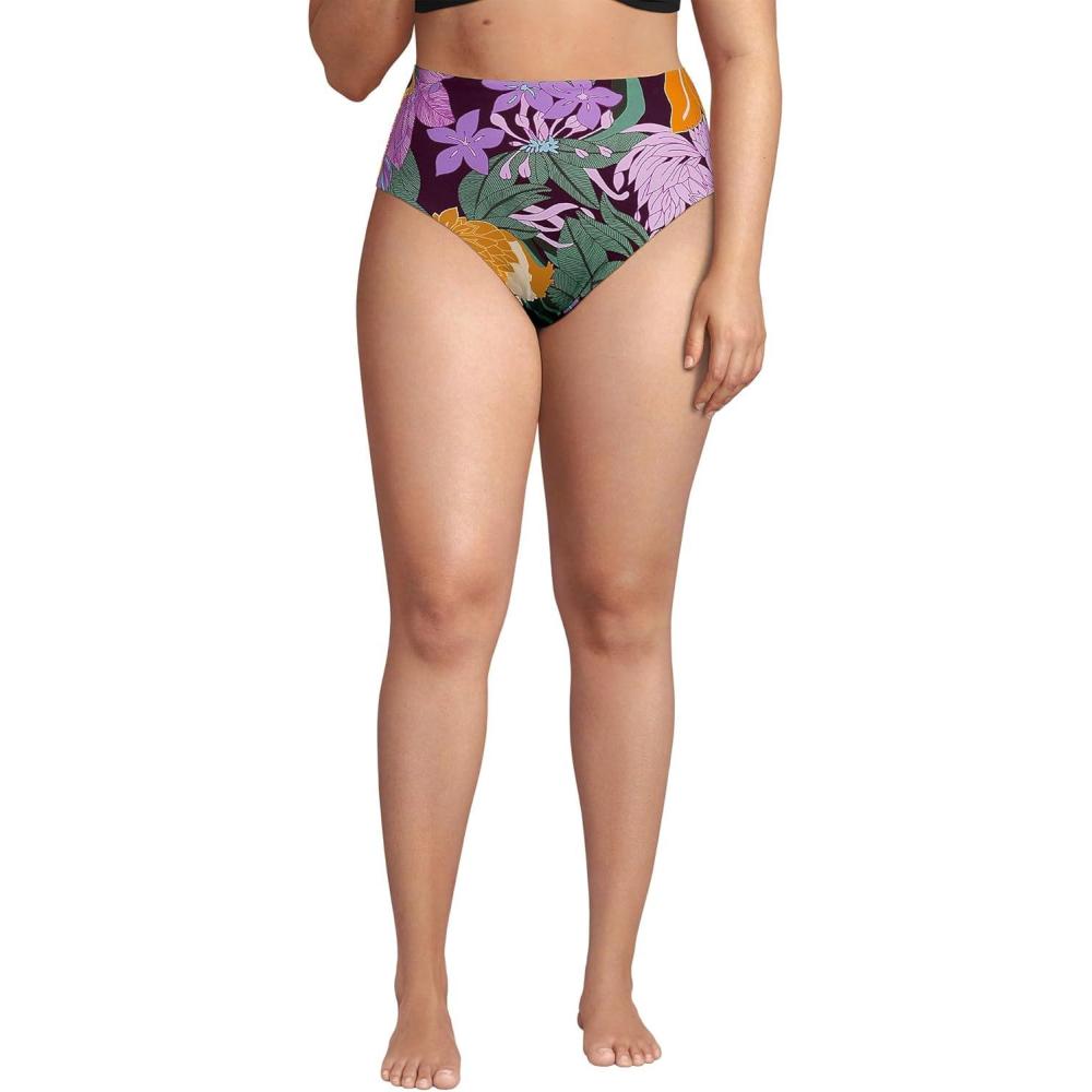 imageLands End Womens Ribbed Smoothing High Waisted Bikini BottomsDark Wine Multi Floral Blooms