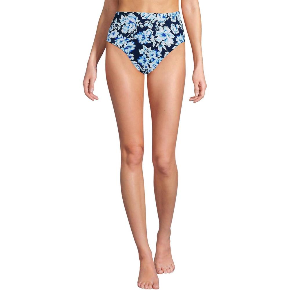 imageLands End Womens Ribbed Smoothing High Waisted Bikini BottomsDeep Sea Navy Painted Floral
