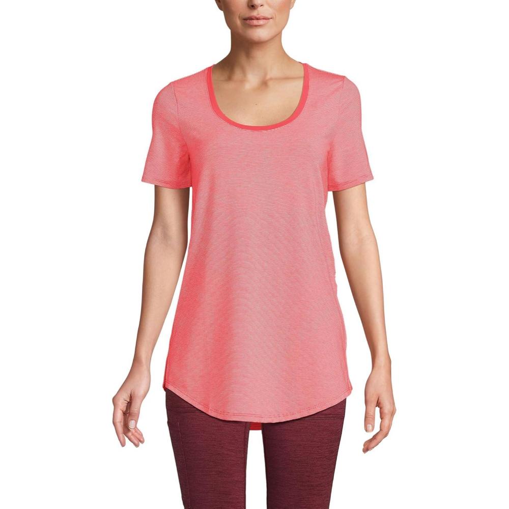 imageLands End Womens Short Sleeve Power Performance Scoop Neck Curved Hem Tunic TeeDeep Coral Pinstripe