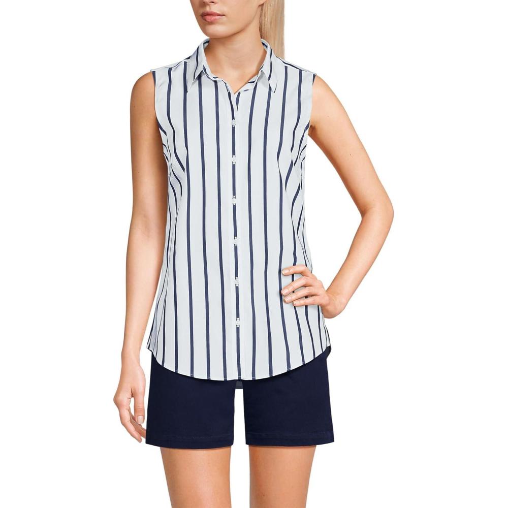imageLands End Womens Sleeveless No Iron ShirtWhiteNavy Classic Stripe
