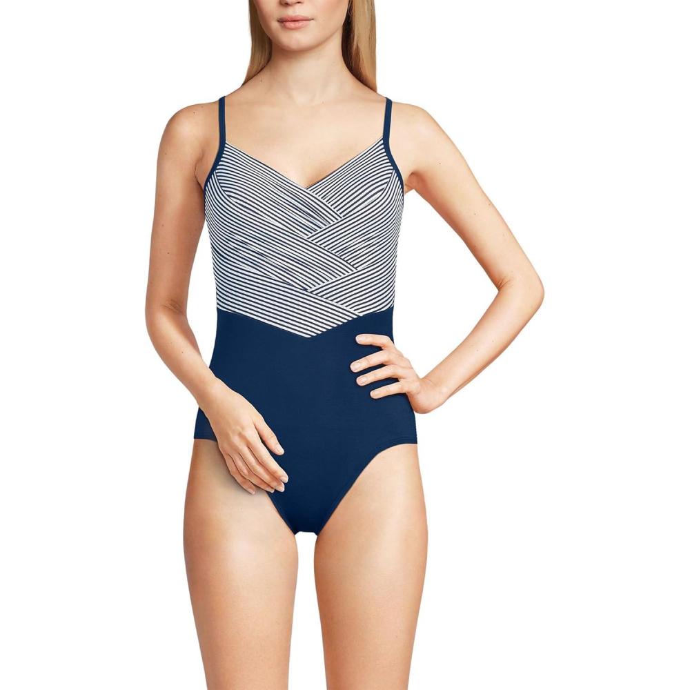 imageLands End Womens Slender Suit VNeck Pleated XBack One Piece Swimsuit Adjustable StrapsDeep Sea Navy Mini Stripe