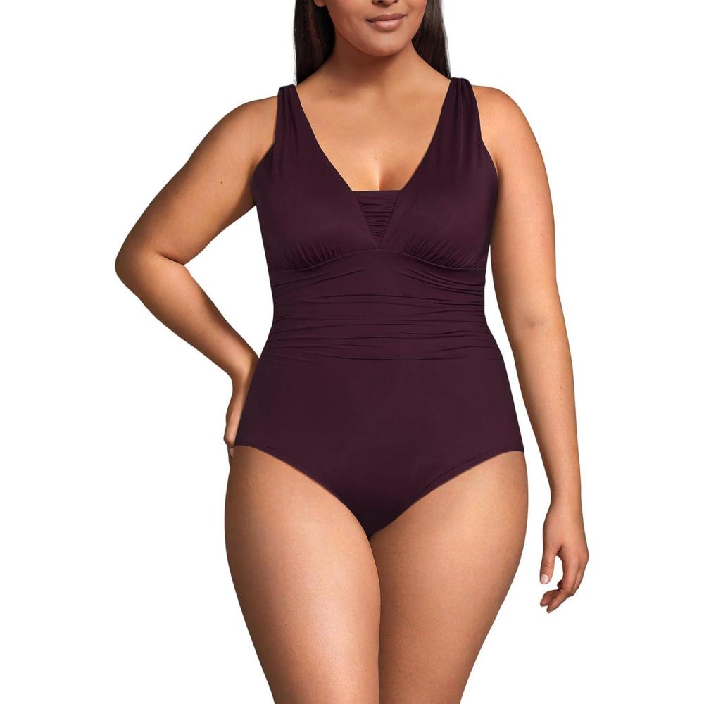 imageLands End Womens SlenderSuit Grecian Tummy Control Chlorine Resistant One Piece SwimsuitDark Wine