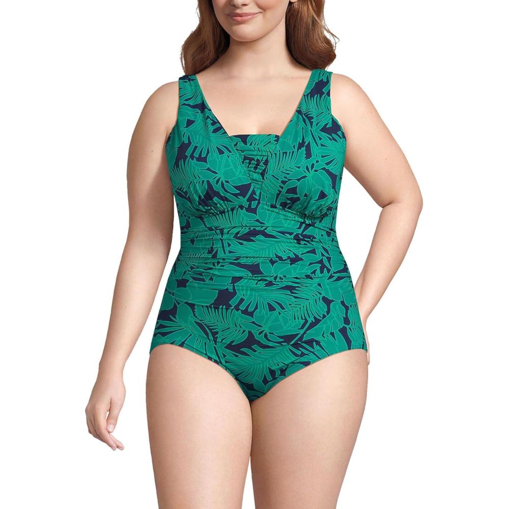 imageLands End Womens SlenderSuit Grecian Tummy Control Chlorine Resistant One Piece SwimsuitGreen