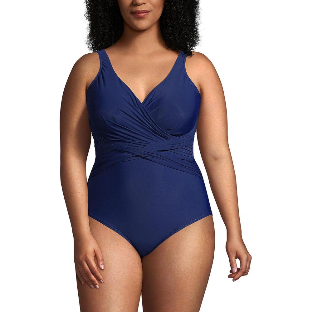 imageLands End Womens SlenderSuit Wrap One Piece SwimsuitDeep Sea Navy