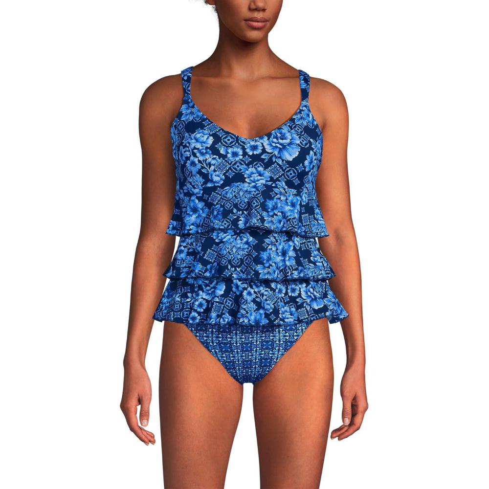 imageLands End Womens Smoothing Control Ruffle Fauxkini One Piece SwimsuitNavy Mosaic FloralTile Mix