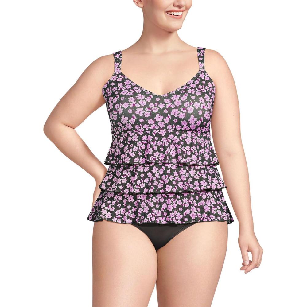imageLands End Womens Smoothing Control Ruffle Fauxkini One Piece SwimsuitOlive Green Pansy Floral