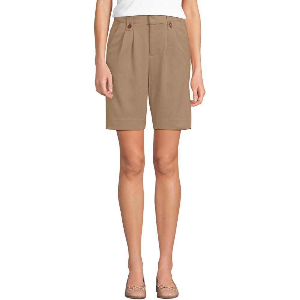 imageLands End Womens Stretch Poly Rayon High Rise Pleated 10quot ShortsRich Camel