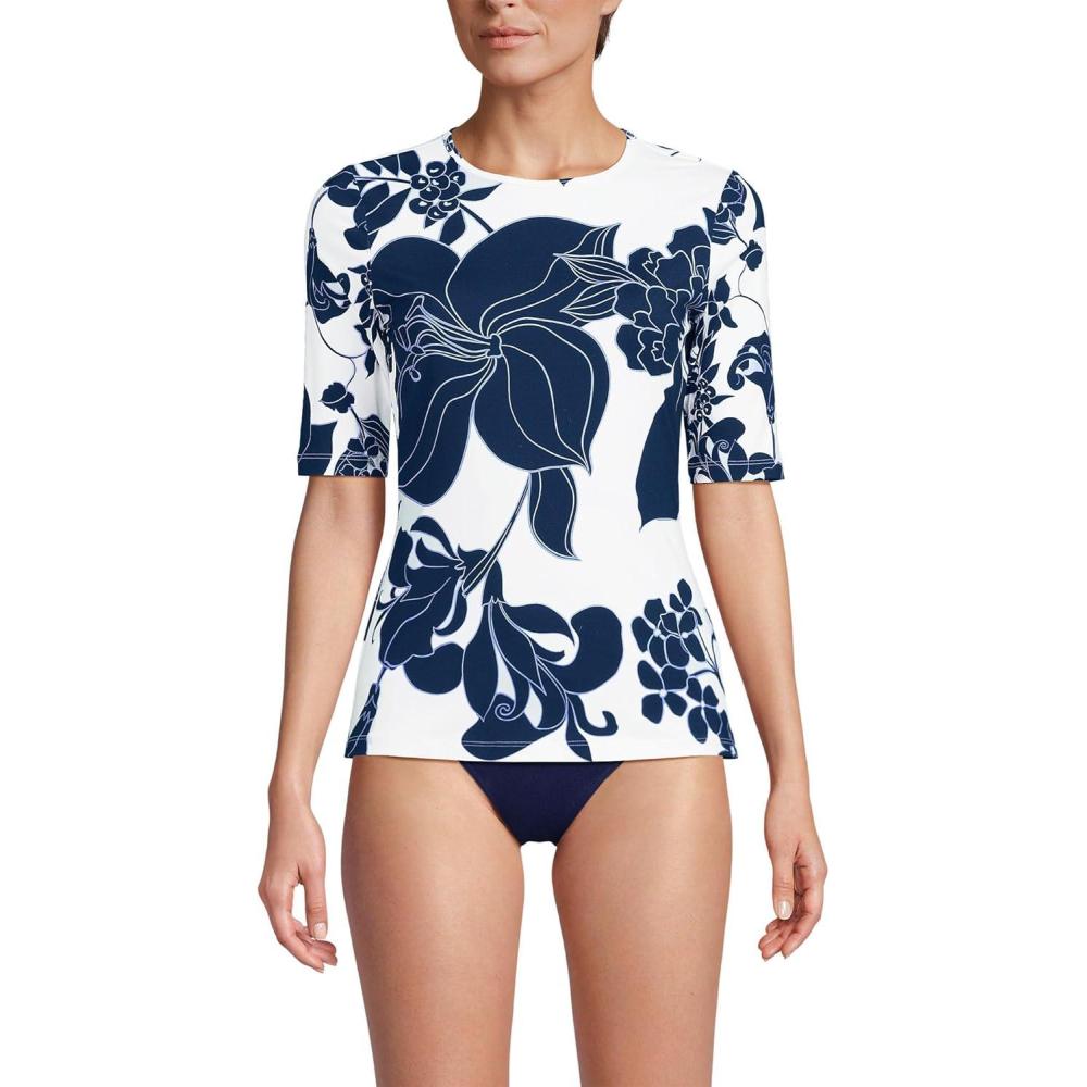imageLands End Womens Sunshade UPF 50 Elbow Sleeve Relaxed Rash GuardWhiteNavy Lilies Placement