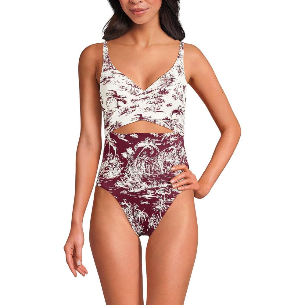 imageLands End Womens Wrap Monokini High Leg One Piece SwimsuitEgretBurgundy Scenic Mix