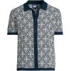 Lands’ End Men’s Short Sleeve Tile Jacquard Button Down Sweater Polo(Radiant Navy/Vanilla Tile)